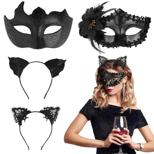 2 Stück Venezianische Maske Damen Herren mit 2 Stück Haarband, Maske Schwarz für Paar, Masquerade Masken Venezianische Masken, Halloween Masken, Sexy Black Mask für Karneval Halloween Cosplay 2 Stück Venezianische Maske Damen Herren mit 2 Stück Haarband, Maske Schwarz für Paar, Masquerade Masken Venezianische Masken, Halloween Masken, Sexy Black Mask für Karneval Halloween Cosplay