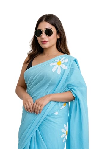 Image of Lilan Cotton Saree with White Daisy Floral Prints Tassel Pallu Lightweight Summer Saree