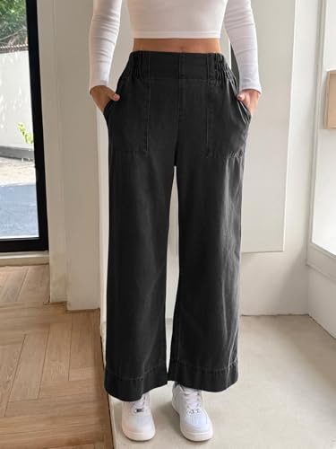 Image of Cicy Bell Womens Wide Legs Baggy Jeans Elastic High Waisted Casual Loose Boyfriend Denim Pants with Pockets