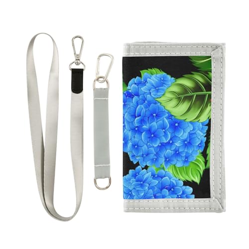 Hibiscus Hydrangeas Black Kids Wallet for Boys Girls Trifold Outdoor Sport Wallets for Youth Teen Child Wallet with Zippered Coin Pockets Card Holders Novelty Wallets with Magic Sticker