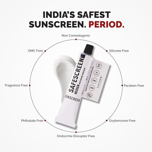 Image of CHOSEN Safescreen Nexgen SPF 60 PA++++ Sunscreen for Face | Broad Spectrum UV Blue Light IR Protection | No White Cast Hydrating Formula | Water Resistant | For Dry Sensitive Skin 40ml