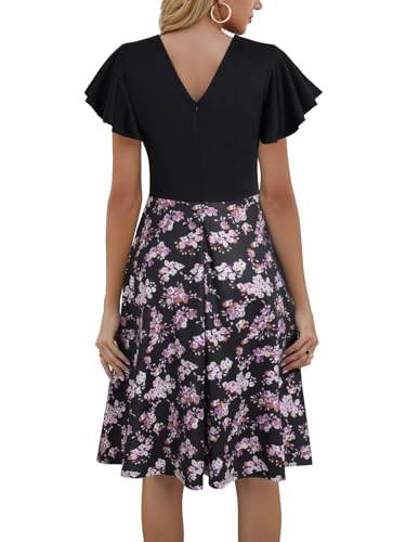 Image of MSLG Women's Fit and Flare Ruffle Short Sleeves Dresses Work V-Back Cocktail Semi Formal A Line Dress with Pockets 842