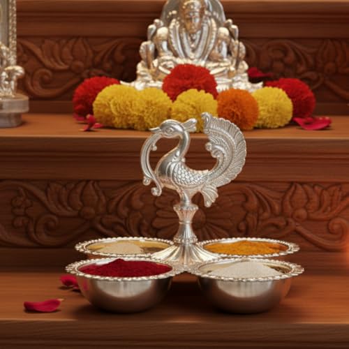 Image of Brass Kankavati Haldi Kumkum Container | Traditional Pooja Sindoor, Chawal Holder | Peacock Design 4 Bowl Pooja Accessory for Festivals, Gifting & Home Mandir (German Silver, Small)