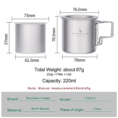 iBasingo 220ml Titanium Cup with Strainer Camping Mug with Lid Foldable Handle Single-walled Lightweight Portable for Outdoor Drinking Drinkware US-Ti3057D by iBasingo - Image 2