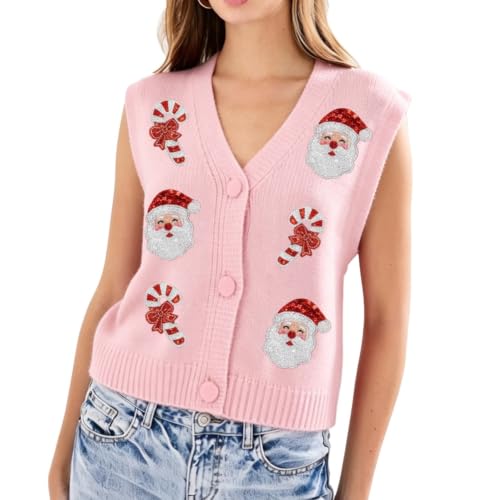Image of Women Christmas Knit Vest Top Santa Embroidery Sleeveless Button Down Sweater Vest Xmas Snowman Cardigans Tank Top