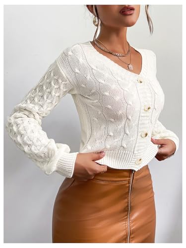 OYOANGLE Women's Cable Knit Cropped Cardigan V Neck Button Down Long Sleeve Sweater Outerwear4