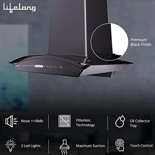 Image of Lifelong Filterless Auto Cleaning Kitchen Chimney with Music Playback | 1400 m3 /hr Suction | Radio & Bluetooth Connectivity | Touch + Motion Sensor | Dual LED Light | Curve-Shape (60cm, Black)