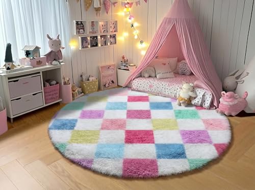 Image of KICMOR Pink Rainbow Round Rugs 5ft for Bedroom Living Room, Cute Fluffy Soft Circle Area Rug Fuzzy Shag Shaggy Carpet, Circular Checkered Rug for Kids Girls Boys Dorm Nursery Home Decor Aesthetic