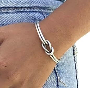 Handmade Sterling Silver Knot Cuff Bracelet, Minimalist Rustic Simple two Silver Wires Reef Knot, Friendship Love Bracelet, Adjustable Cuff, Gift for Her or Him