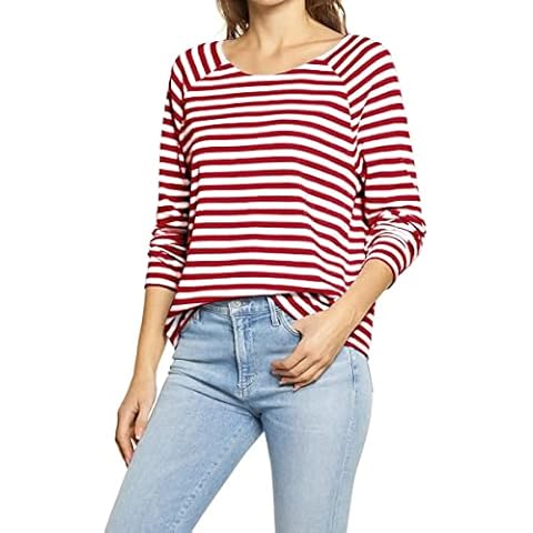 Ladiyo Womens Casual Crew Neck Striped Long Sleeve T Shirt Basic Blouse Tunic Tops Lightweight Pullover Sweatshirt Red Cover