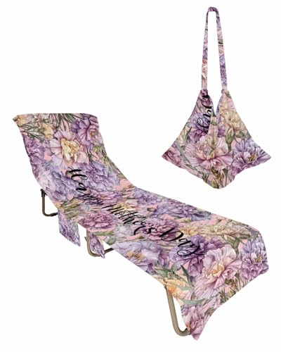 Spring Summer Floral Beach Chair Towel Covers for Chaise Lounge with Side Pocket, Soft Plush Pool Towels Cover for Patio Sunbathing Outdoor 29''x85'' Watercolor Botanical Blossom