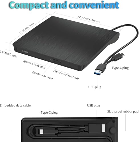 Image of External CD DVD Drive,USB 3.0 and Type-C CD DVD Disc Reader Writer Burner Player,Slim and Portable CD DVD + /-RW Optical Drive for PC Laptop Desktop MacBook Mac Windows 7 /8.1 /10 /11 Linux OS Apple