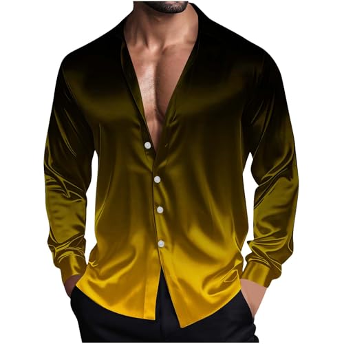 Cambkatl Men's Stylish Gradient Silk Satin Dress Shirts Loose Long Sleeve Button Down Business Casual Party Prom Shirts