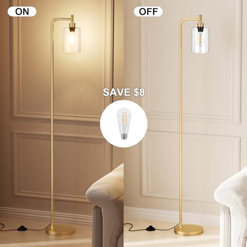 Image of Ziisee Floor Lamps for Living Room - Industrial Floor Lamp with Glass Shade, Modern Gold Floor Lamp with LED Bulbs, Farmhouse Floor Lamp for Bedroom, High Lamp for Office - Gold
