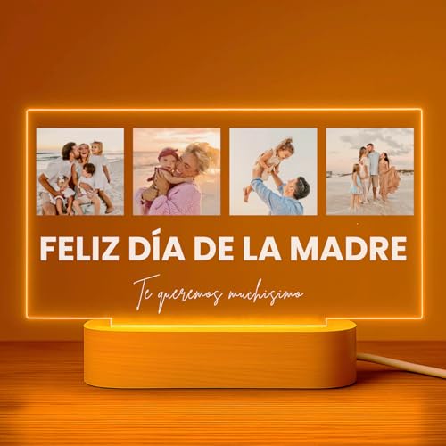 Cristal Plaque – Lámpara Personalizada MAMÁ con 4 Fotos y Mensaje “Feliz Día de la Madre” Te queremos mucho | Placa Metacrilato LED Vertical | Regalo Original Día de la Madre o Cumpleaños | Luz USB
