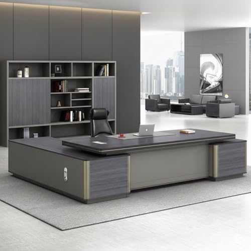 Image of Premium Modern L-Shaped Director Table with Matte Grey Wood Finish, Built-in Wire Managert & Executive Contemporary Design (LDL-762 MDFL L6W3)