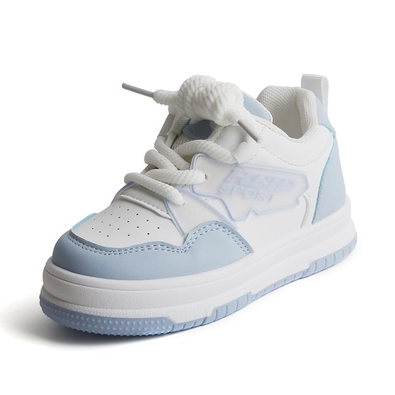 Kids Athletic Sneakers, White and Light Blue, Lace-up Sports Shoes