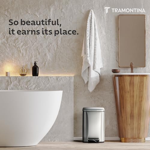 Image of TRAMONTINA 12 Litre Stainless Steel Step Dustbin | Fingerprint-Resistant Finish | Soft-Close Lid | Removable Inner Bucket | Square Trash Can for Home, Office & Hospitality