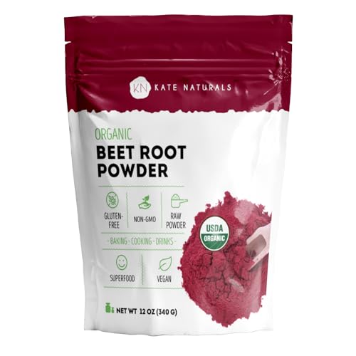Kate Naturals Organic Beet Root Powder for Smoothies, Baking & Juice. Raw Beetroot Superfood & Natural Red Food Coloring (12oz, Non-GMO, Earthy Flavor)