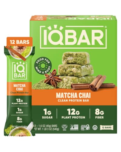 IQBAR Clean High Protein Bars, Low Sugar Snack, Matcha Chai 12ct