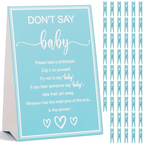 Juavlonle Baby Shower Games for Boys Dont Say Baby Game 1 Sign and 52 Mini Blue Clothes pins Baby Shower Clothespin Game (Dont Say Baby Blue)