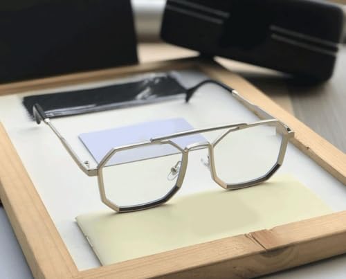 Image of Zero Power Blue Cut Computer Glasses | Anti Glare, Lightweight & Blocks Harmful Rays | 100% UV Protected | Full Rim hexagonal | For Men & Women | Medium (SILVER)(222 SILVER CLR RDNG FRM BZ)