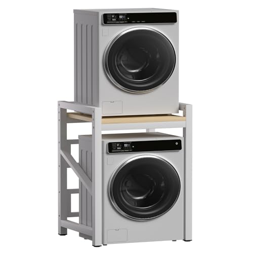 Mueble Lavadora Secadora, Kit de Apilamiento para Lavadora y Secadora, Ajustable en Altura de 3 Niveles, Estructura Estable y Segura, Acero para Baño, Cocina, Balcón