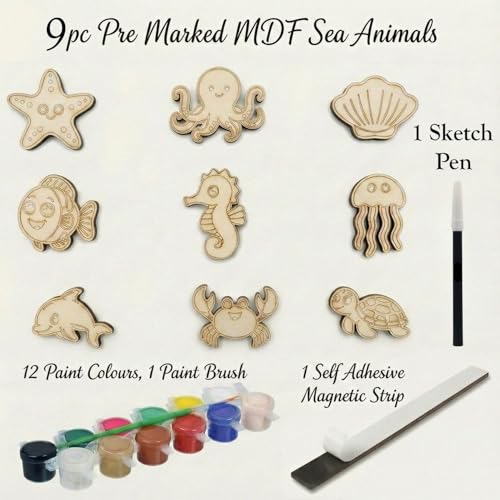 Image of ImagiVibe Paint Your Own 9 Sea Creatures Fridge Magnet DIY Kit for Kids | Ocean Theme MDF Painting Craft Set | Creative Art & Craft Activity | Made in India (Sea Creatures)