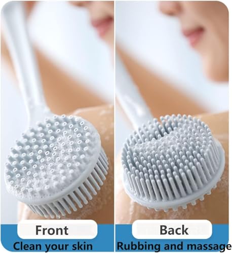 Image of Silicone Back Scrubber, Long Handle Soft Bristles Bath Brush with Massage Beads, Body Shower Washing Brush Wet or Dry Cleaning Spa Brushing for Men and Women (Blue Pack of 1)
