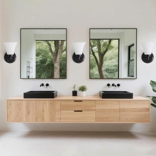 Image of LOUSACE 2 Pack 1-Light Bathroom Vanity Lights Black Vintage Bathroom Lighting Fixtures with Opal White Glass, Set of 2 Single Vanity Wall Sconces for Side Mirror Cabinet Stairs Kitchen Living Room