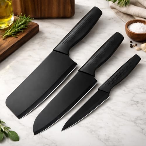 Image of BRAND VILLA Kitchen Knife Set of 3 with Blade Covers, Ultra Sharp Stainless Steel Chef Knife, Utility Knife & Paring Knife, Non-Stick Coated Blades, Ergonomic Anti-Slip Handle for Home Kitchen
