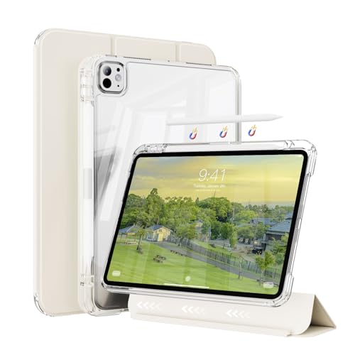 ZOYU Case for iPad Pro 13 Inch M5/M4(2025/2024) 2 in 1 Detachable Shockproof Cover with Clear Hard Back Supports Pencil Pro Charging Auto Wake/Sleep Cream White