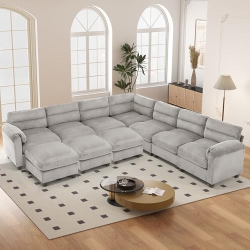 HAOMARKETS 115" Modular Sectional Sofa Couch with 3 Movable Ottoman, Oversized Corduroy L Shaped Couches with Rolled Arms, 10-Seater Corner Sofas with Reversible Chaises for Living Room, Grey