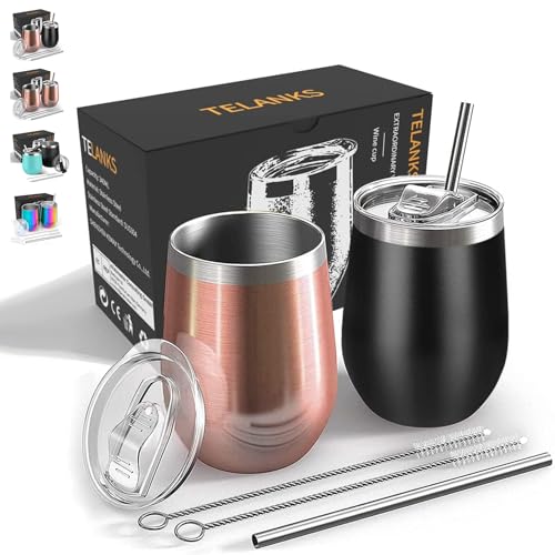 TELANKS Wein Becher to go, 2 Stück Weinglas to go, Edelstahl Weinbecher Isoliert mit Deckel, Sekt Camping Geschenk für Frauen