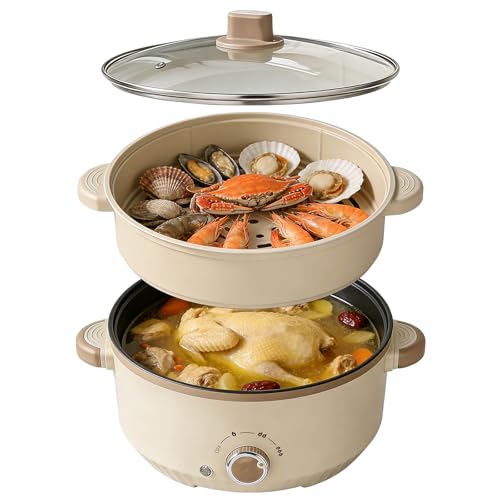 Elektrischer Hot Pot, 4.6L Hotpot Topf mit Dampfeinsatz, 1000W Nudelkocher mit Keramik-Antihaft-Beschichtung, 3 Temperaturstufen & Automatische Abschaltung für Fondue & Eintöpfe
