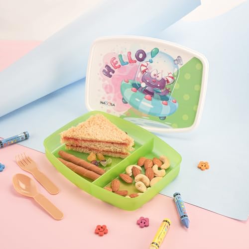 Image of Nayasa Witty Deluxe Mini 2 Compartment Lunchbox | BPA Free and Food Grade Plastic Tiffin | Alien Spaceship Print | 450 ML | Green
