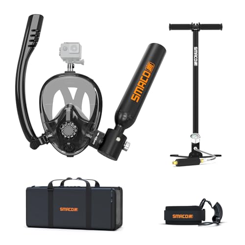 SMACO Mini Scuba Tank with Snorkel Mask 0.5L Portable Small Diving Tank with Full Face Diving Mask Reusable DOT Certified Pony Bottle Diving Cylinder Kit with High Pressure Hand Pump for Snorkeling