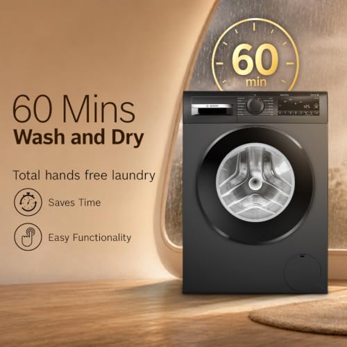 Image of Bosch 12 kg (washer), 7 kg (Dryer) 5 Star Front Load Fully Automatic Washer Dryer Machine, AI ActiveWater, Inbuilt heater, 14 Wash Programs, 66L Large Drum, Cast Iron Grey, WNA2740RIN (2026 model)