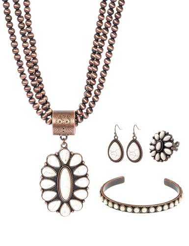 TOPACC Navajo Pearl Necklace Western Jewelry Set for Women Turquoise Necklace with Earrings Ring Cowgirl Accessory