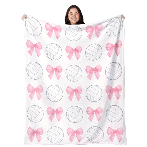 Hillsuren Pink Volleyball Bow Blanket for Teen Girl 50 x 60 Coquettish Volleyball Sports Throw Blanket Bow Stuff Team Gifts for Ball Lovers Players Home Decor Halloween Christmas Thanksgiving Gift
