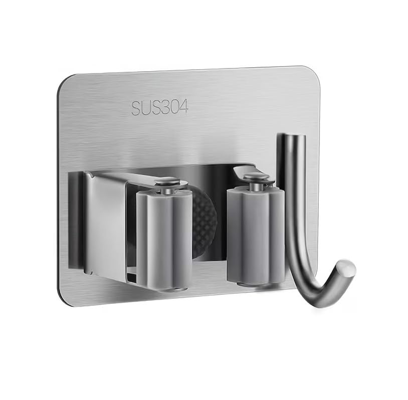 Self Adhesive Mop Holder Wall Mount, Stainless Steel Broom Holder with Hook, No Drill Wall Organizer for Mop, Broom, Bathroom, Kitchen & Laundry Room (Silver, Pack of 1)-image-44