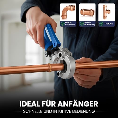 Multischicht & Kupfer Presszange TH‑V mit 10 Backen – Komplettset mit Rohrschneider, Kalibrierer und Entgrater – Kompatibel mit PER