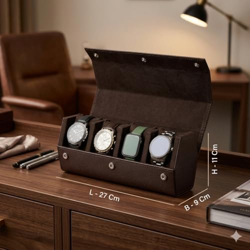 Image of essart Premium 4 Watch Roll Organizer - Leather Travel Watch Case with Soft Velvet Interior, Secure Button Closure, Luxury Watch Storage