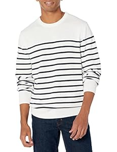Amazon Essentials Pull à Col Rond et Manches Longues, 100% Coton (Disponible en Grandes Tailles et Grandes Longueurs) Homme, Bleu Marine Blanc Motif Bandes, M