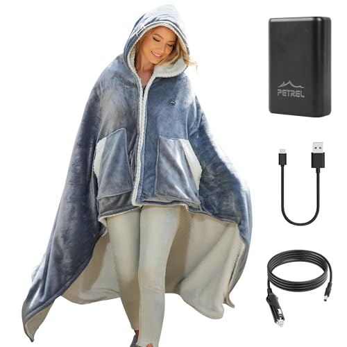 Heated Blankets Hoodie Battery Operated,12v Cordless Heating Blanket Wearable Shawl,Portable Electric Wrap Poncho Blanket,15000mah Sherpa Heated Throw Blanket 3 Heat sets for Indoor,Car,Camp