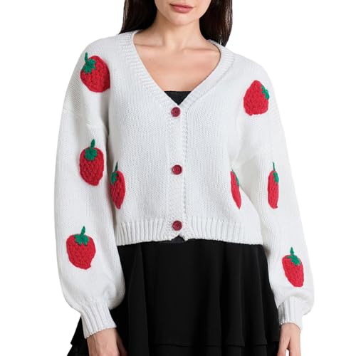 Ladies Single-Breasted Knitwear, Girls Leisure Style Strawberry V-Neck Puff Long Sleeve Knitted Coat Slim Cardigan