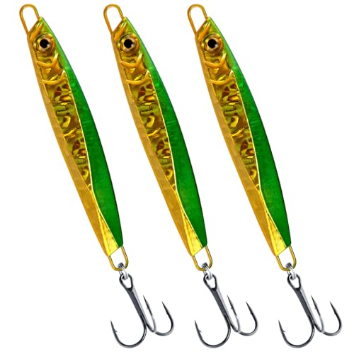 Dr.Fish Señuelos de pesca en agua salada, cuchara de jigging, varios colores láser, señuelos de surf para curricán en alta mar, caballa, róbalo, abadejo largo, 3 unidades, 56 g, oro verde