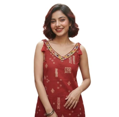 Image of Short Kurti for Women | Cotton Tops for Women | Stylish Strap Kurtis for Woman | Sleeveless Casual for Jeans | Printed Kurtas for Office Casual