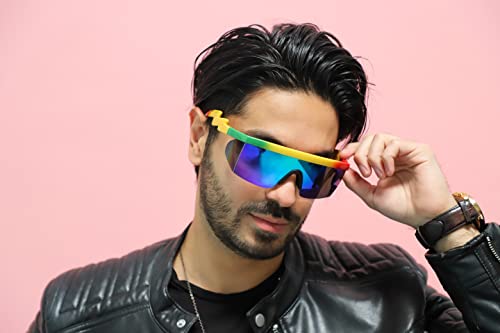 FLAWLESS EYEWEAR Semi Rimless Goggle Style Retro Rainbow Mirrored Lens ZigZag Sunglasses (Rainbow Colored Frame Blue Mirrored Lens)4