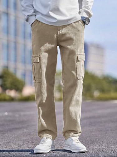 Image of QNIM Cargo for Men | Loose Fit White Denim Jeans | Stylish Cotton Multi-Pocket Casual Styling Pant | Trendy Straight Leg Comfortable Utility Streetwear Trousers (Q-04-05)